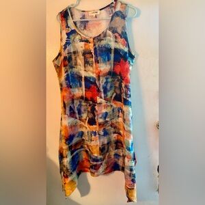 Lagenlook Multicolor Dress Shark Bite Hem Side Slit Rayon Large NWOT Artsy